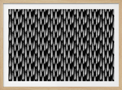 A framed abstract artwork featuring a repeating pattern of textured white vertical brushstrokes on a solid black background, encased in a simple silver frame. Print