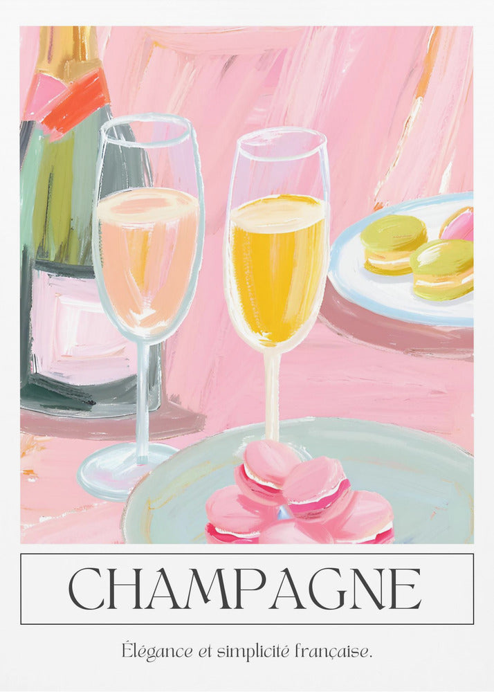 A painterly illustration of a champagne celebration with a pink background. The poster features a champagne bottle, two flutes of champagne, and plates of pink and green macarons. Below the image, the word 'CHAMPAGNE' is written in a classic font, with the French phrase 'Élégance et simplicité française' underneath. Decor