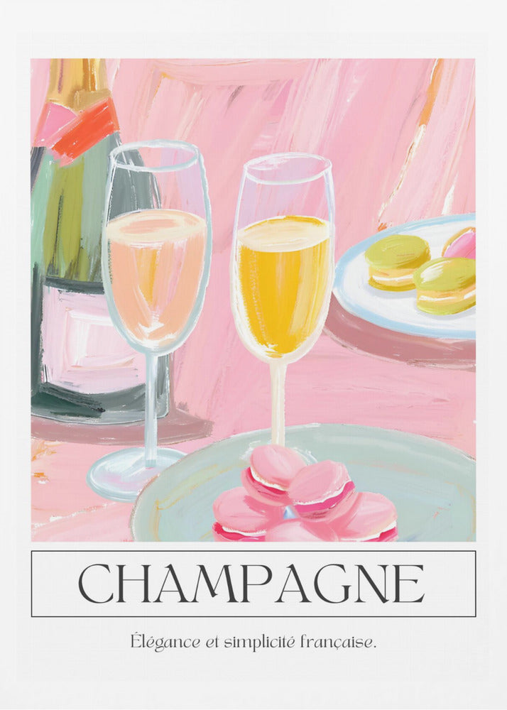 A painterly illustration of a champagne celebration with a pink background. The poster features a champagne bottle, two flutes of champagne, and plates of pink and green macarons. Below the image, the word 'CHAMPAGNE' is written in a classic font, with the French phrase 'Élégance et simplicité française' underneath. Decor