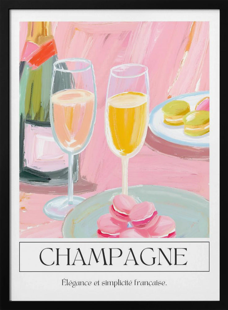 A painterly illustration of a champagne celebration with a pink background. The poster features a champagne bottle, two flutes of champagne, and plates of pink and green macarons. Below the image, the word 'CHAMPAGNE' is written in a classic font, with the French phrase 'Élégance et simplicité française' underneath. Decor