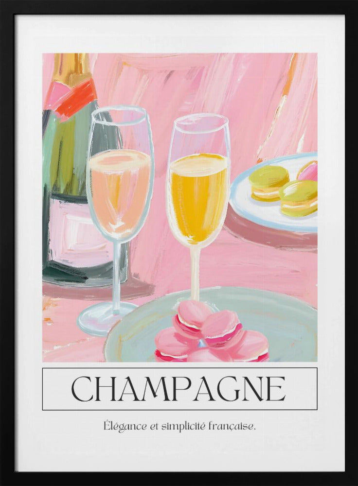 A painterly illustration of a champagne celebration with a pink background. The poster features a champagne bottle, two flutes of champagne, and plates of pink and green macarons. Below the image, the word 'CHAMPAGNE' is written in a classic font, with the French phrase 'Élégance et simplicité française' underneath. Decor