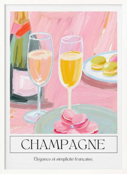 A painterly illustration of a champagne celebration with a pink background. The poster features a champagne bottle, two flutes of champagne, and plates of pink and green macarons. Below the image, the word 'CHAMPAGNE' is written in a classic font, with the French phrase 'Élégance et simplicité française' underneath. Decor