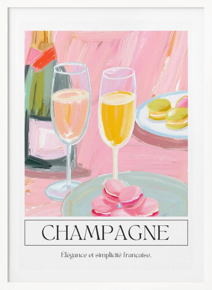 A painterly illustration of a champagne celebration with a pink background. The poster features a champagne bottle, two flutes of champagne, and plates of pink and green macarons. Below the image, the word 'CHAMPAGNE' is written in a classic font, with the French phrase 'Élégance et simplicité française' underneath. Decor