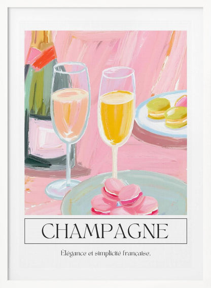A painterly illustration of a champagne celebration with a pink background. The poster features a champagne bottle, two flutes of champagne, and plates of pink and green macarons. Below the image, the word 'CHAMPAGNE' is written in a classic font, with the French phrase 'Élégance et simplicité française' underneath. Decor
