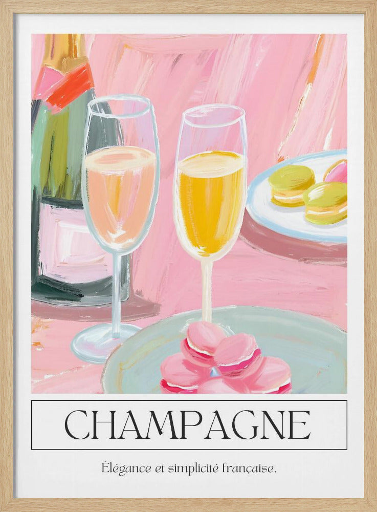A painterly illustration of a champagne celebration with a pink background. The poster features a champagne bottle, two flutes of champagne, and plates of pink and green macarons. Below the image, the word 'CHAMPAGNE' is written in a classic font, with the French phrase 'Élégance et simplicité française' underneath. Decor