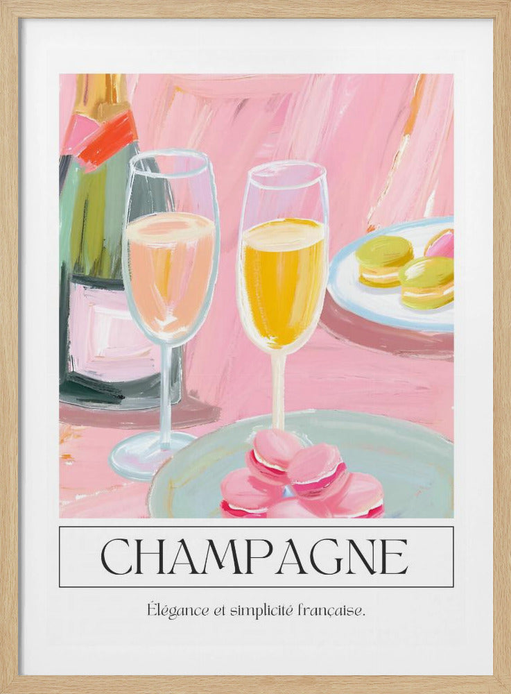 A painterly illustration of a champagne celebration with a pink background. The poster features a champagne bottle, two flutes of champagne, and plates of pink and green macarons. Below the image, the word 'CHAMPAGNE' is written in a classic font, with the French phrase 'Élégance et simplicité française' underneath. Decor
