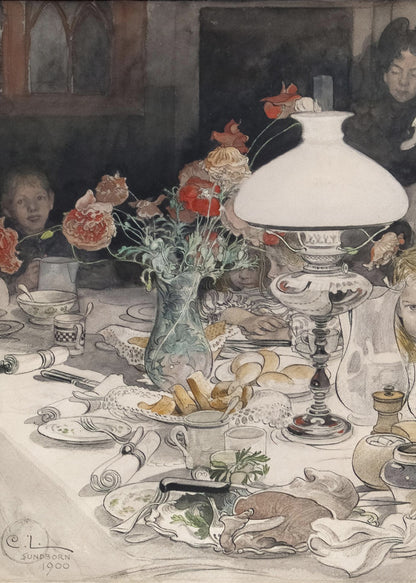 A vintage watercolor painting by C.L. Sundborn from 1900, depicting an intimate family dinner scene. A large, white oil lamp provides a warm glow over a cluttered dining table set with dishes, bread, and a vase of red poppies. Figures of children are partially visible around the table, their faces illuminated against a dark background. Print