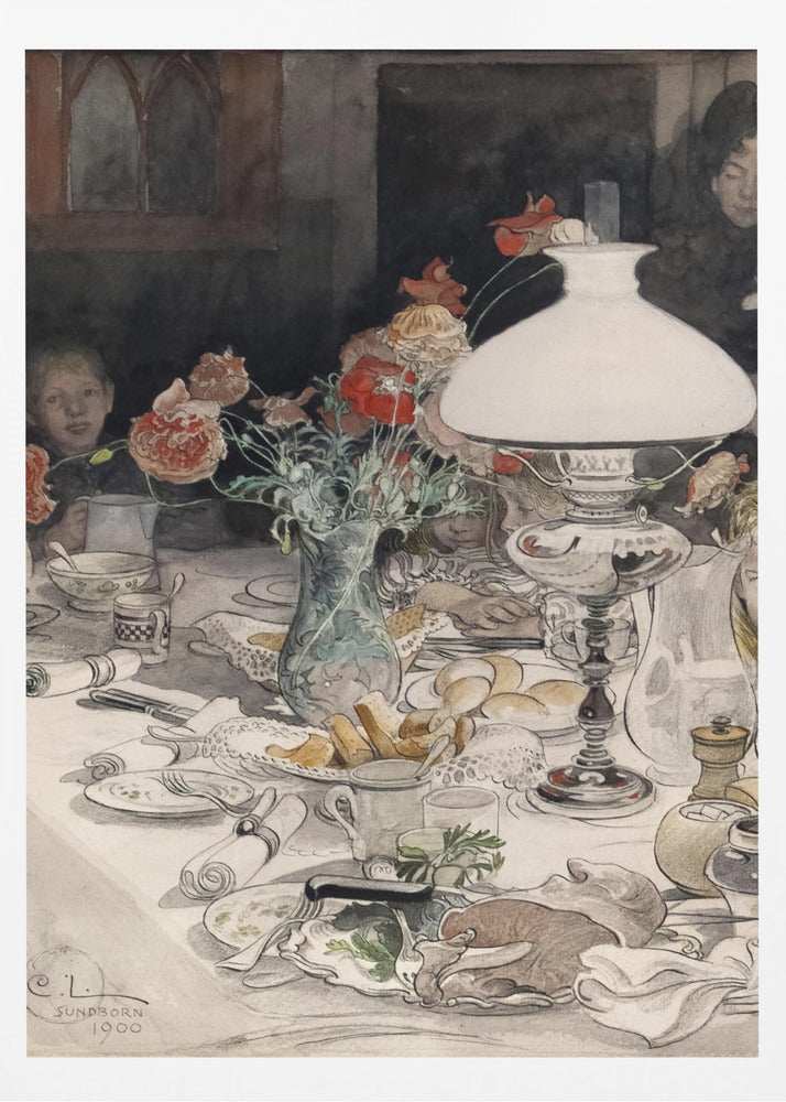 A vintage watercolor painting by C.L. Sundborn from 1900, depicting an intimate family dinner scene. A large, white oil lamp provides a warm glow over a cluttered dining table set with dishes, bread, and a vase of red poppies. Figures of children are partially visible around the table, their faces illuminated against a dark background. Print