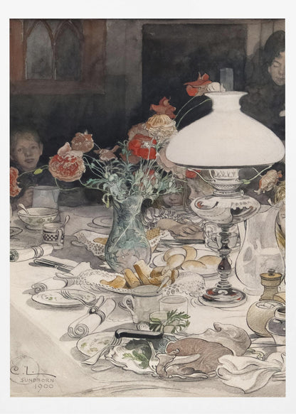 A vintage watercolor painting by C.L. Sundborn from 1900, depicting an intimate family dinner scene. A large, white oil lamp provides a warm glow over a cluttered dining table set with dishes, bread, and a vase of red poppies. Figures of children are partially visible around the table, their faces illuminated against a dark background. Print