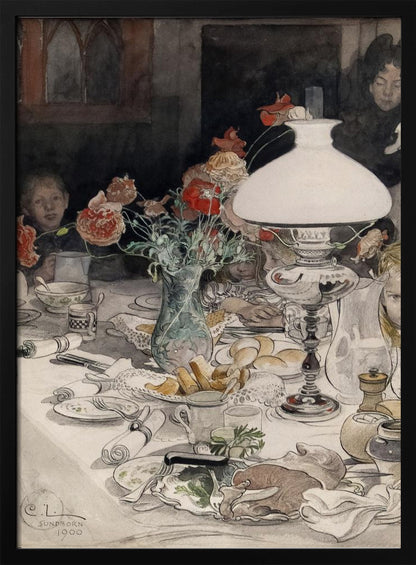 A vintage watercolor painting by C.L. Sundborn from 1900, depicting an intimate family dinner scene. A large, white oil lamp provides a warm glow over a cluttered dining table set with dishes, bread, and a vase of red poppies. Figures of children are partially visible around the table, their faces illuminated against a dark background. Print