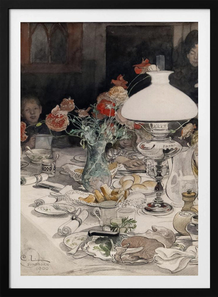 A vintage watercolor painting by C.L. Sundborn from 1900, depicting an intimate family dinner scene. A large, white oil lamp provides a warm glow over a cluttered dining table set with dishes, bread, and a vase of red poppies. Figures of children are partially visible around the table, their faces illuminated against a dark background. Print