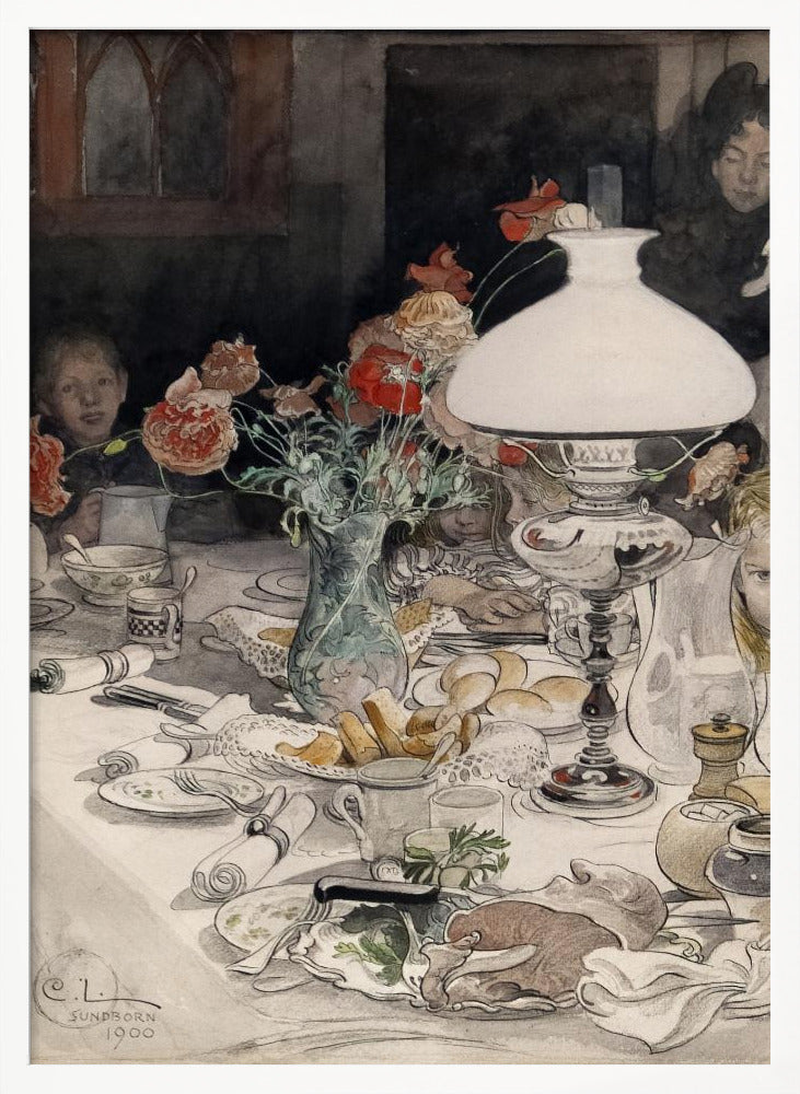 A vintage watercolor painting by C.L. Sundborn from 1900, depicting an intimate family dinner scene. A large, white oil lamp provides a warm glow over a cluttered dining table set with dishes, bread, and a vase of red poppies. Figures of children are partially visible around the table, their faces illuminated against a dark background. Print