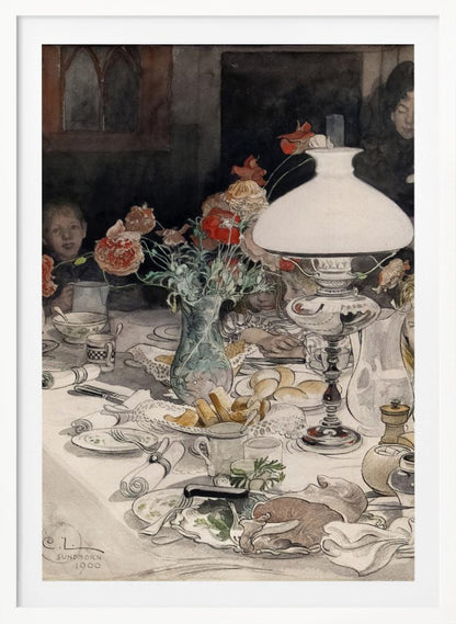 A vintage watercolor painting by C.L. Sundborn from 1900, depicting an intimate family dinner scene. A large, white oil lamp provides a warm glow over a cluttered dining table set with dishes, bread, and a vase of red poppies. Figures of children are partially visible around the table, their faces illuminated against a dark background. Print