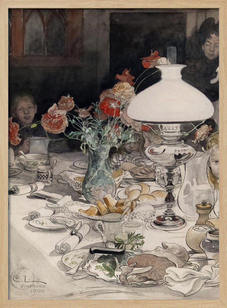 A vintage watercolor painting by C.L. Sundborn from 1900, depicting an intimate family dinner scene. A large, white oil lamp provides a warm glow over a cluttered dining table set with dishes, bread, and a vase of red poppies. Figures of children are partially visible around the table, their faces illuminated against a dark background. Print