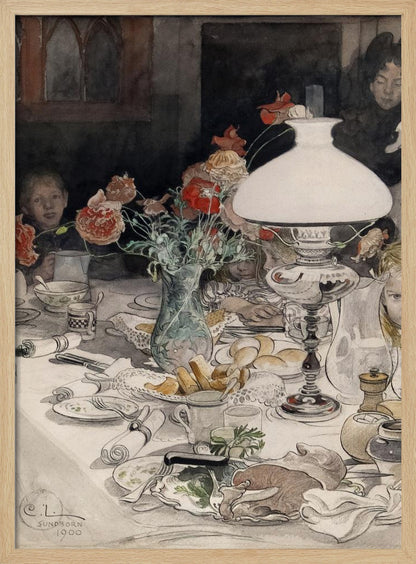 A vintage watercolor painting by C.L. Sundborn from 1900, depicting an intimate family dinner scene. A large, white oil lamp provides a warm glow over a cluttered dining table set with dishes, bread, and a vase of red poppies. Figures of children are partially visible around the table, their faces illuminated against a dark background. Print