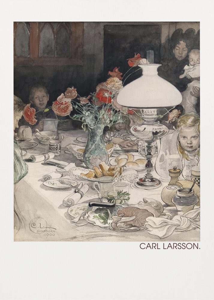 A classic watercolor painting by Carl Larsson from 1900, showing a family enjoying a festive meal around a dining table. A large white lamp illuminates the scene, highlighting the cluttered table with dishes, food, and a vase of red flowers. Several children and adults, including a woman holding a baby, are seated at the table in a warm, domestic setting. Decor