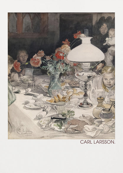 A classic watercolor painting by Carl Larsson from 1900, showing a family enjoying a festive meal around a dining table. A large white lamp illuminates the scene, highlighting the cluttered table with dishes, food, and a vase of red flowers. Several children and adults, including a woman holding a baby, are seated at the table in a warm, domestic setting. Decor