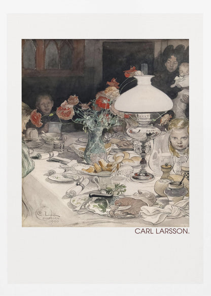 A classic watercolor painting by Carl Larsson from 1900, showing a family enjoying a festive meal around a dining table. A large white lamp illuminates the scene, highlighting the cluttered table with dishes, food, and a vase of red flowers. Several children and adults, including a woman holding a baby, are seated at the table in a warm, domestic setting. Decor