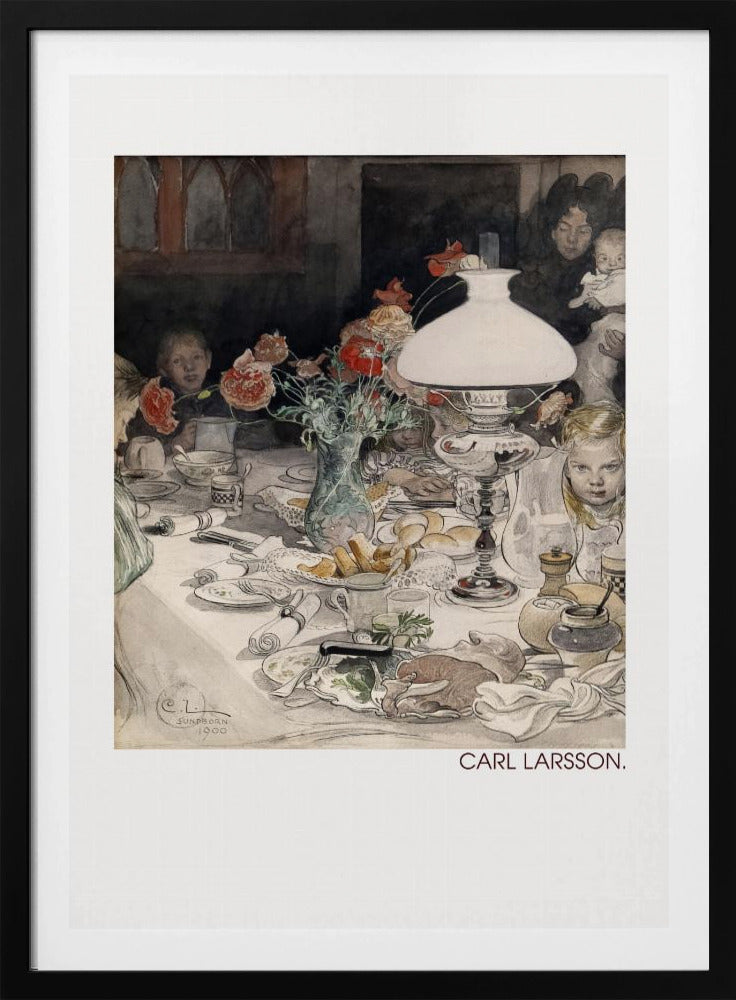 A classic watercolor painting by Carl Larsson from 1900, showing a family enjoying a festive meal around a dining table. A large white lamp illuminates the scene, highlighting the cluttered table with dishes, food, and a vase of red flowers. Several children and adults, including a woman holding a baby, are seated at the table in a warm, domestic setting. Decor