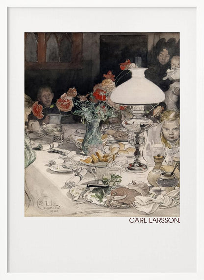 A classic watercolor painting by Carl Larsson from 1900, showing a family enjoying a festive meal around a dining table. A large white lamp illuminates the scene, highlighting the cluttered table with dishes, food, and a vase of red flowers. Several children and adults, including a woman holding a baby, are seated at the table in a warm, domestic setting. Decor