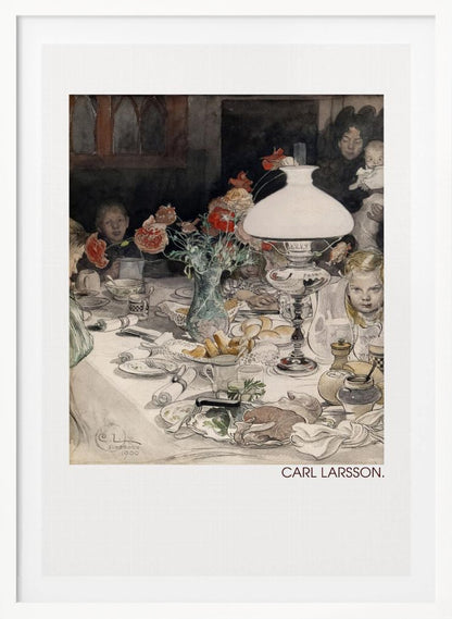 A classic watercolor painting by Carl Larsson from 1900, showing a family enjoying a festive meal around a dining table. A large white lamp illuminates the scene, highlighting the cluttered table with dishes, food, and a vase of red flowers. Several children and adults, including a woman holding a baby, are seated at the table in a warm, domestic setting. Decor