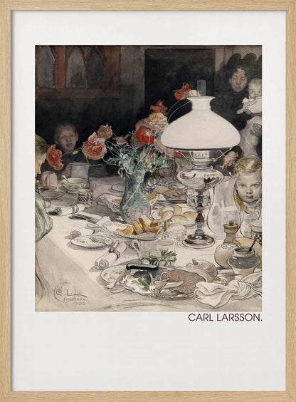 A classic watercolor painting by Carl Larsson from 1900, showing a family enjoying a festive meal around a dining table. A large white lamp illuminates the scene, highlighting the cluttered table with dishes, food, and a vase of red flowers. Several children and adults, including a woman holding a baby, are seated at the table in a warm, domestic setting. Decor