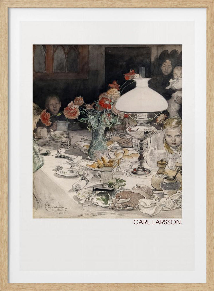 A classic watercolor painting by Carl Larsson from 1900, showing a family enjoying a festive meal around a dining table. A large white lamp illuminates the scene, highlighting the cluttered table with dishes, food, and a vase of red flowers. Several children and adults, including a woman holding a baby, are seated at the table in a warm, domestic setting. Decor
