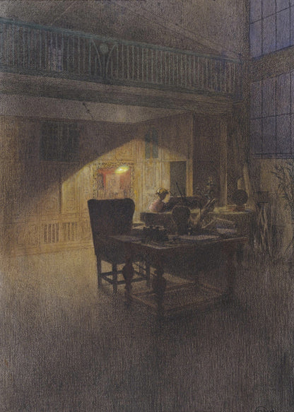A moody, atmospheric drawing of a dimly lit artist's studio at night. A single warm light source illuminates a desk and a high-backed chair, casting a strong triangular beam of light against a paneled wall, while the rest of the spacious, two-story room remains in deep shadow. Decor