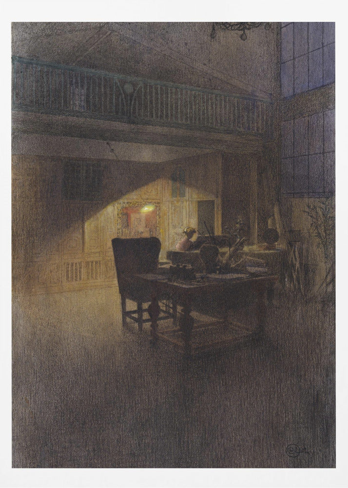 A moody, atmospheric drawing of a dimly lit artist's studio at night. A single warm light source illuminates a desk and a high-backed chair, casting a strong triangular beam of light against a paneled wall, while the rest of the spacious, two-story room remains in deep shadow. Decor