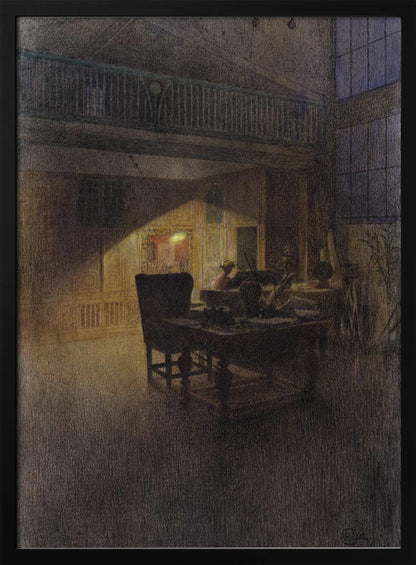 A moody, atmospheric drawing of a dimly lit artist's studio at night. A single warm light source illuminates a desk and a high-backed chair, casting a strong triangular beam of light against a paneled wall, while the rest of the spacious, two-story room remains in deep shadow. Decor