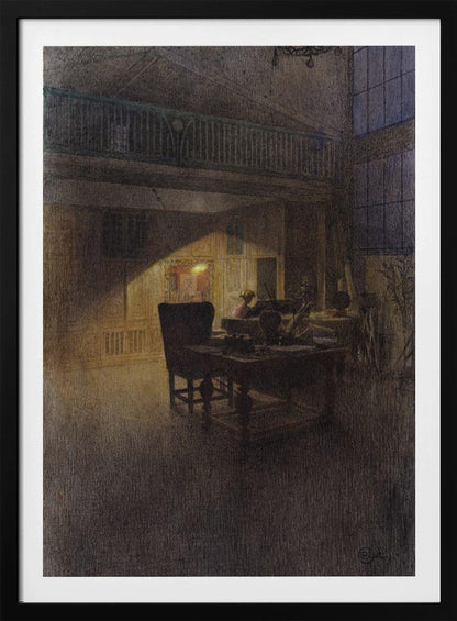 A moody, atmospheric drawing of a dimly lit artist's studio at night. A single warm light source illuminates a desk and a high-backed chair, casting a strong triangular beam of light against a paneled wall, while the rest of the spacious, two-story room remains in deep shadow. Decor