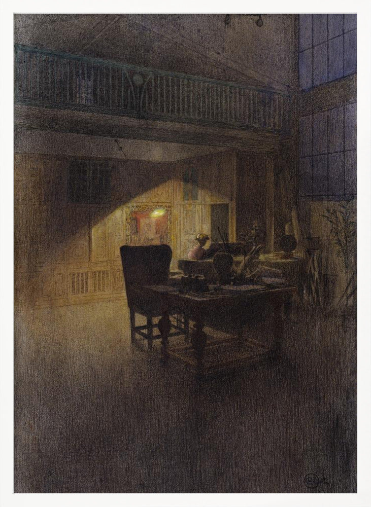 A moody, atmospheric drawing of a dimly lit artist's studio at night. A single warm light source illuminates a desk and a high-backed chair, casting a strong triangular beam of light against a paneled wall, while the rest of the spacious, two-story room remains in deep shadow. Decor