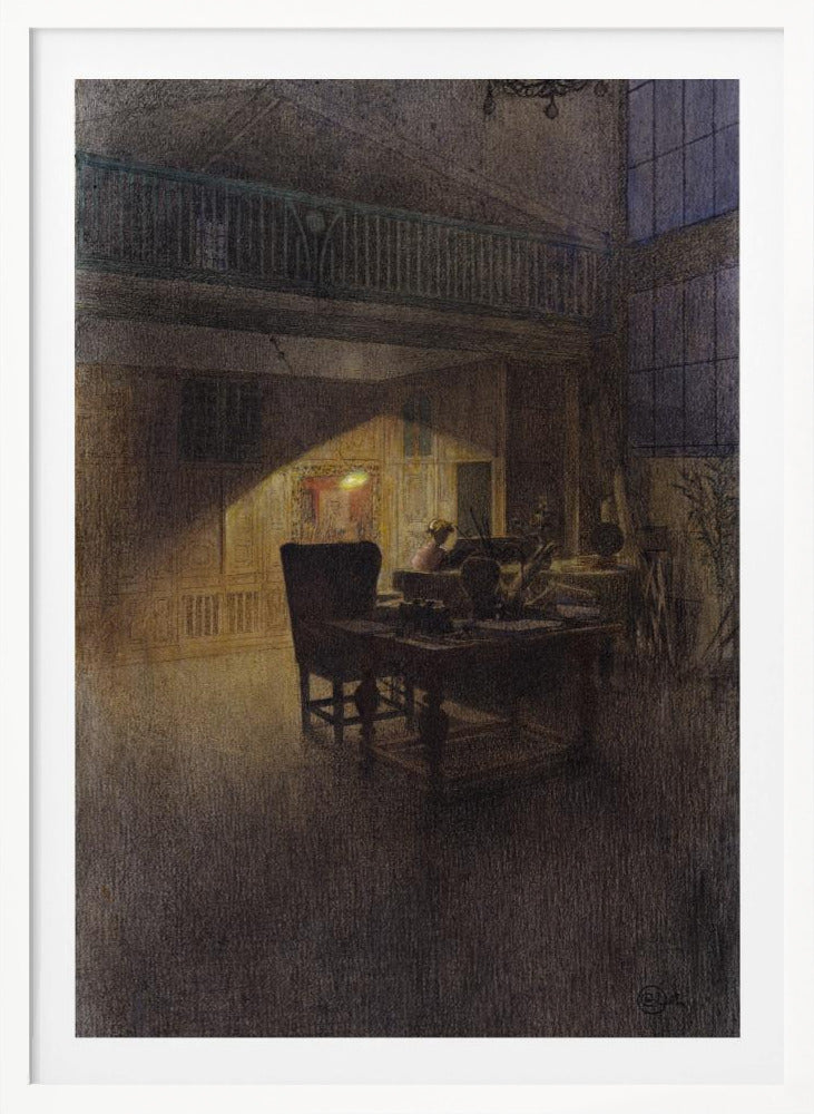 A moody, atmospheric drawing of a dimly lit artist's studio at night. A single warm light source illuminates a desk and a high-backed chair, casting a strong triangular beam of light against a paneled wall, while the rest of the spacious, two-story room remains in deep shadow. Decor