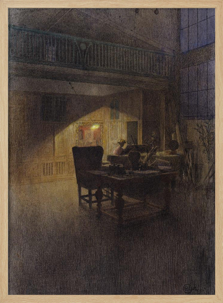 A moody, atmospheric drawing of a dimly lit artist's studio at night. A single warm light source illuminates a desk and a high-backed chair, casting a strong triangular beam of light against a paneled wall, while the rest of the spacious, two-story room remains in deep shadow. Decor