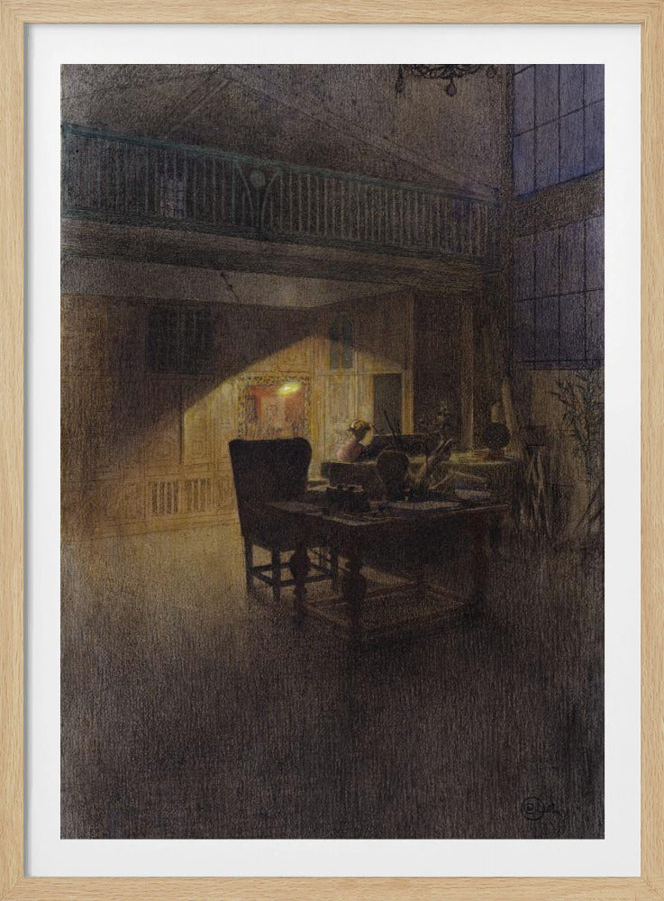 A moody, atmospheric drawing of a dimly lit artist's studio at night. A single warm light source illuminates a desk and a high-backed chair, casting a strong triangular beam of light against a paneled wall, while the rest of the spacious, two-story room remains in deep shadow. Decor