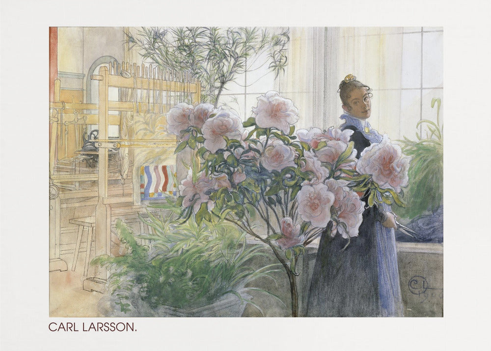A vintage watercolor painting by Carl Larsson depicting a woman standing indoors beside a large flowering pink azalea bush. In the background, a sunlit room contains a wooden weaving loom and other potted plants. Decor