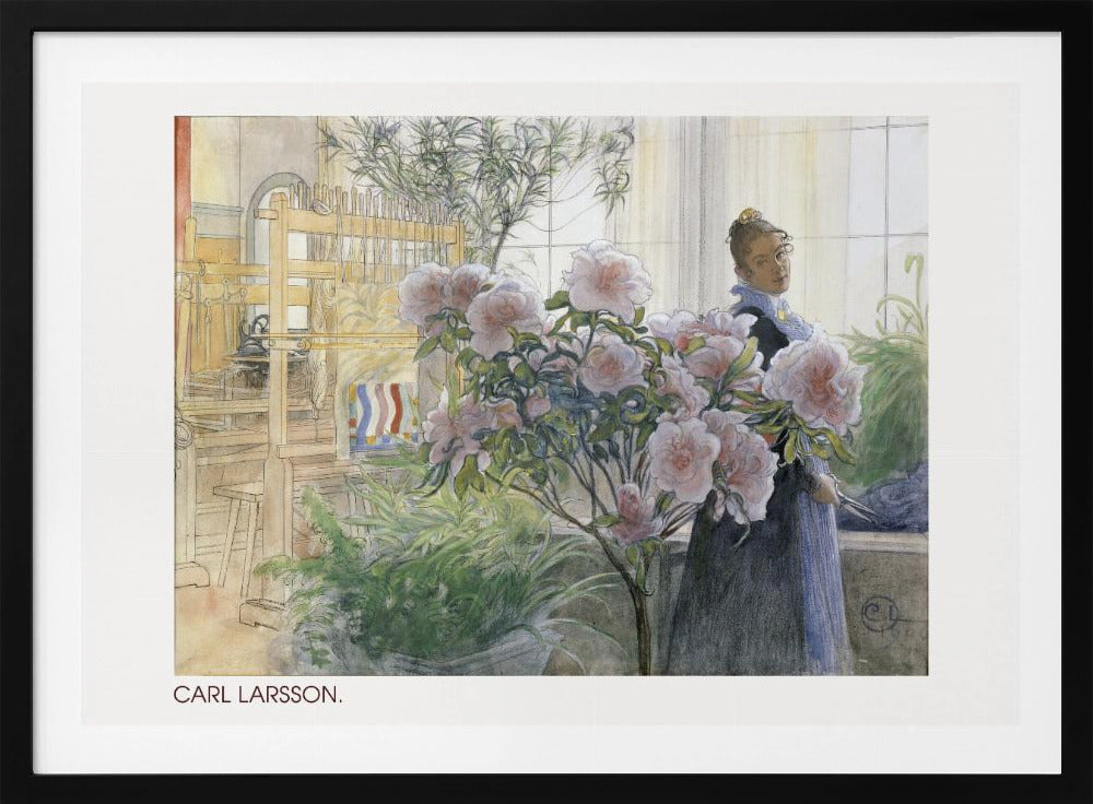 A vintage watercolor painting by Carl Larsson depicting a woman standing indoors beside a large flowering pink azalea bush. In the background, a sunlit room contains a wooden weaving loom and other potted plants. Decor