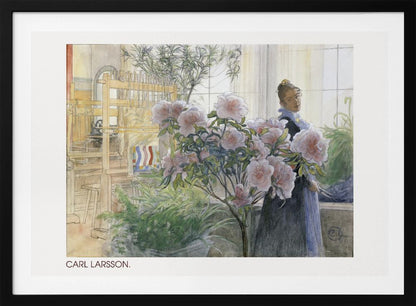 A vintage watercolor painting by Carl Larsson depicting a woman standing indoors beside a large flowering pink azalea bush. In the background, a sunlit room contains a wooden weaving loom and other potted plants. Decor
