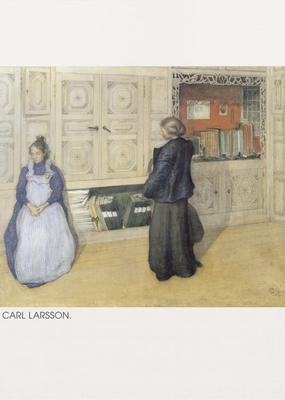 A vintage painting by Carl Larsson depicting a domestic interior. A woman in a blue dress and white apron sits against a large cream cabinet, while another woman in a dark dress stands with her back to the viewer, looking at an open shelf of books within the cabinet. Decor