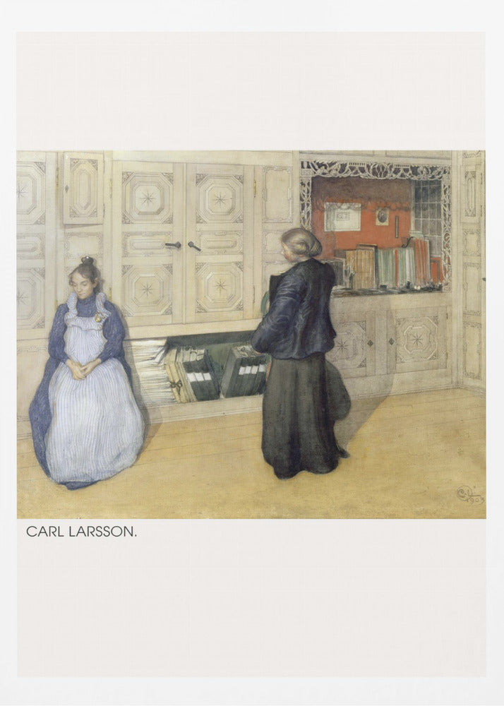 A vintage painting by Carl Larsson depicting a domestic interior. A woman in a blue dress and white apron sits against a large cream cabinet, while another woman in a dark dress stands with her back to the viewer, looking at an open shelf of books within the cabinet. Decor