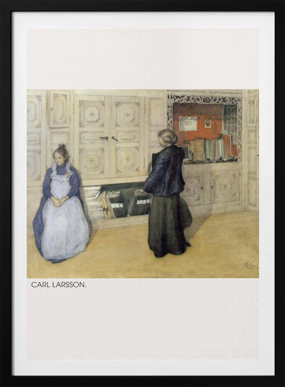 A vintage painting by Carl Larsson depicting a domestic interior. A woman in a blue dress and white apron sits against a large cream cabinet, while another woman in a dark dress stands with her back to the viewer, looking at an open shelf of books within the cabinet. Decor