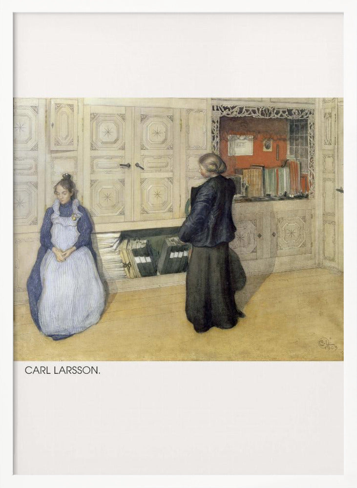 A vintage painting by Carl Larsson depicting a domestic interior. A woman in a blue dress and white apron sits against a large cream cabinet, while another woman in a dark dress stands with her back to the viewer, looking at an open shelf of books within the cabinet. Decor