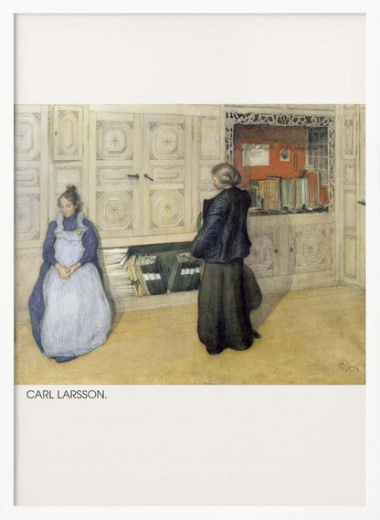 A vintage painting by Carl Larsson depicting a domestic interior. A woman in a blue dress and white apron sits against a large cream cabinet, while another woman in a dark dress stands with her back to the viewer, looking at an open shelf of books within the cabinet. Decor