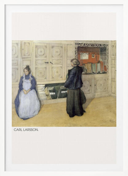 A vintage painting by Carl Larsson depicting a domestic interior. A woman in a blue dress and white apron sits against a large cream cabinet, while another woman in a dark dress stands with her back to the viewer, looking at an open shelf of books within the cabinet. Decor