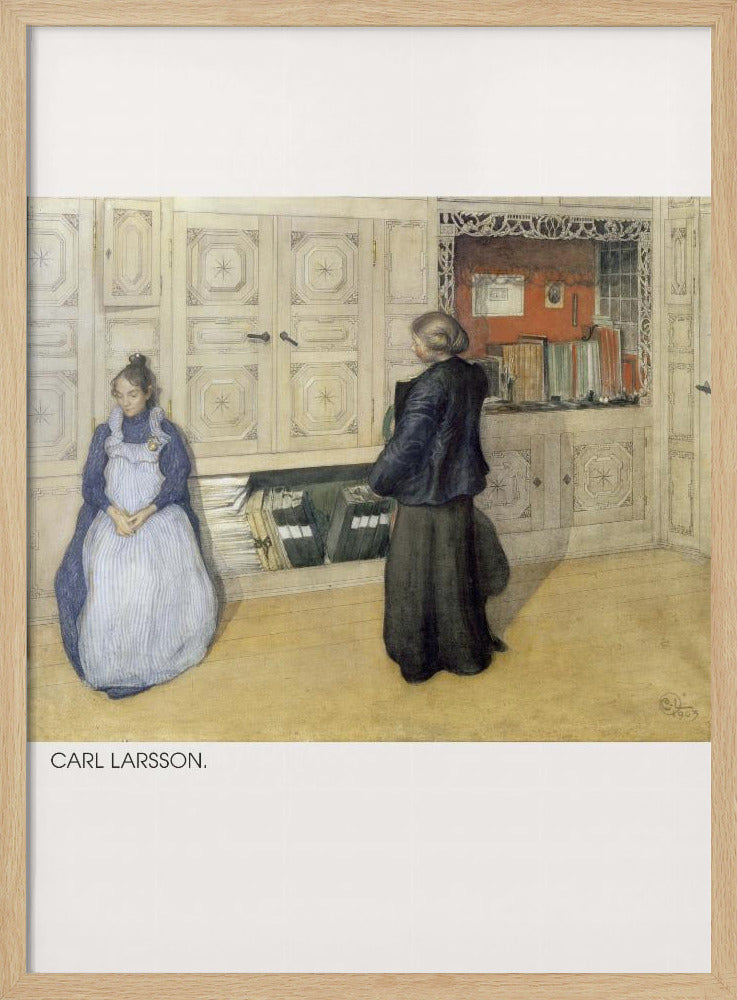A vintage painting by Carl Larsson depicting a domestic interior. A woman in a blue dress and white apron sits against a large cream cabinet, while another woman in a dark dress stands with her back to the viewer, looking at an open shelf of books within the cabinet. Decor
