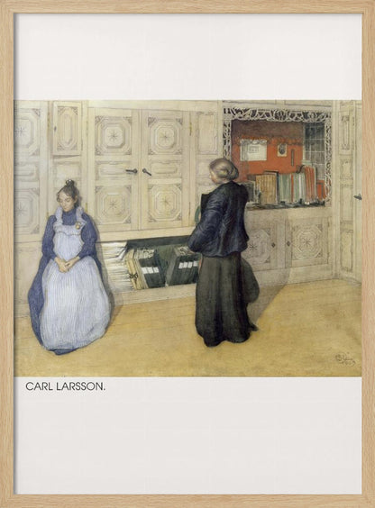 A vintage painting by Carl Larsson depicting a domestic interior. A woman in a blue dress and white apron sits against a large cream cabinet, while another woman in a dark dress stands with her back to the viewer, looking at an open shelf of books within the cabinet. Decor