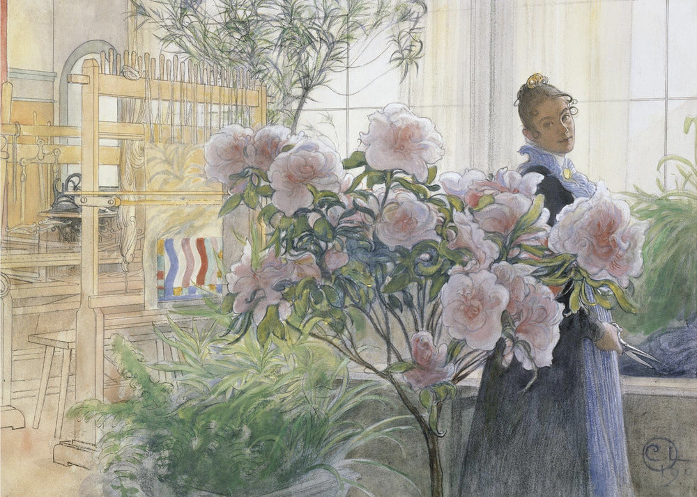A vintage illustration by Carl Larsson titled 'Azalea', depicting a woman in a dark dress standing in a sunlit room with a large wooden weaving loom. She is partially obscured by a large, blooming pink azalea bush in the foreground. Poster