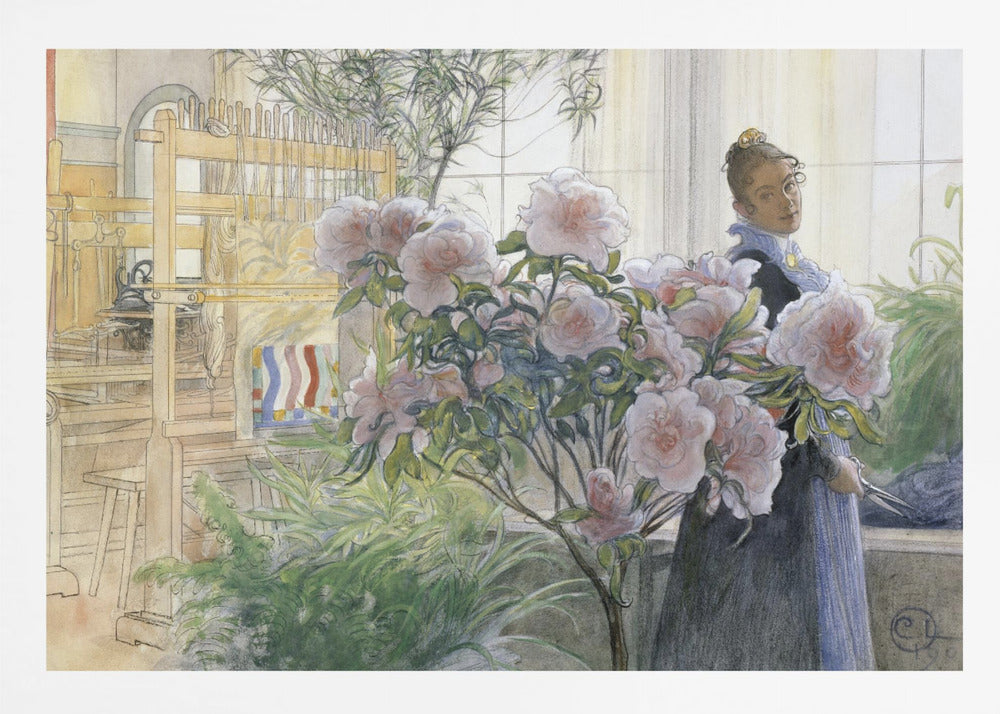 A vintage illustration by Carl Larsson titled 'Azalea', depicting a woman in a dark dress standing in a sunlit room with a large wooden weaving loom. She is partially obscured by a large, blooming pink azalea bush in the foreground. Poster
