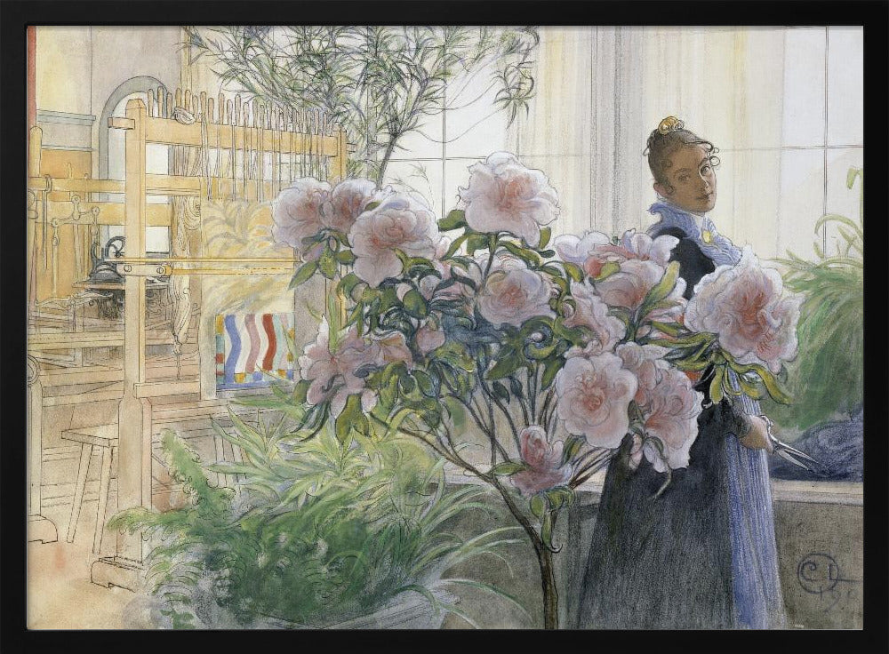 A vintage illustration by Carl Larsson titled 'Azalea', depicting a woman in a dark dress standing in a sunlit room with a large wooden weaving loom. She is partially obscured by a large, blooming pink azalea bush in the foreground. Poster