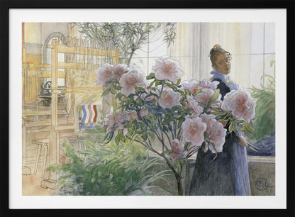 A vintage illustration by Carl Larsson titled 'Azalea', depicting a woman in a dark dress standing in a sunlit room with a large wooden weaving loom. She is partially obscured by a large, blooming pink azalea bush in the foreground. Poster